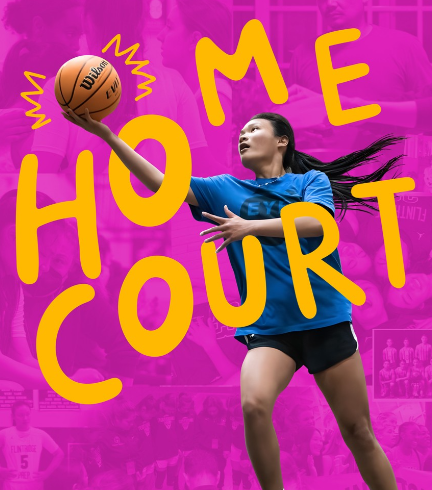 Home Court with a basketball player who is an Asian female leaping and reaching for a basketball.  