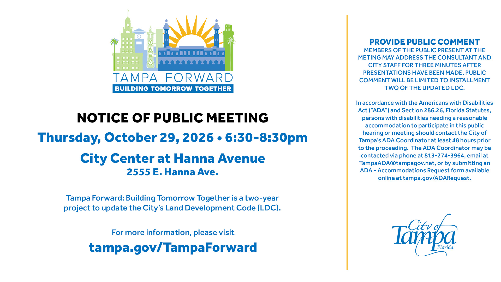 Tampa Forward advisory team public meeting notice, October 29, 2026, with details and contact info.