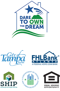 Dare to Own the Dream logo, City of Tampa logo, FHL Bank Atlanta logo, SHIP logo, Department of Housing and Urban Development logo, Equal Housing Opportunity logo