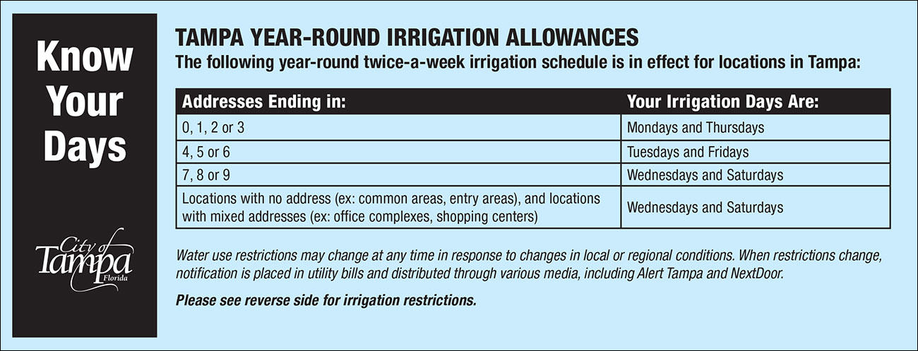 TAMPA YEAR-ROUND IRRIGATION ALLOWANCES Know The following year-round twice-a-week irrigation schedule is in effect for locations in Tampa: Your Days Addresses Ending in: Your Irrigation Days Are: 0, 1, 2 or 3 Mondays and Thursdays 4, 5 or 6 Tuesdays and F