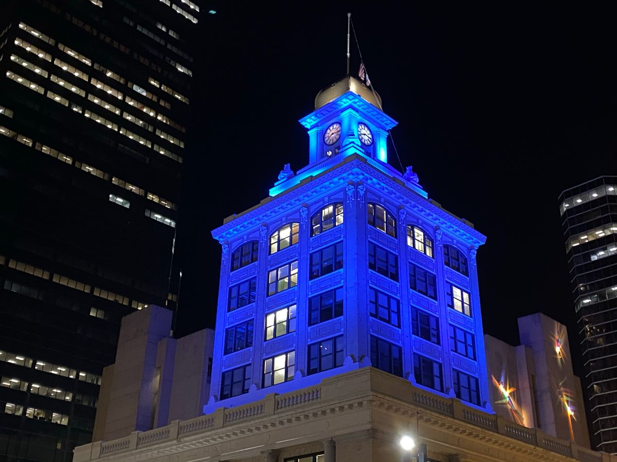 Old City Hall lit up blue