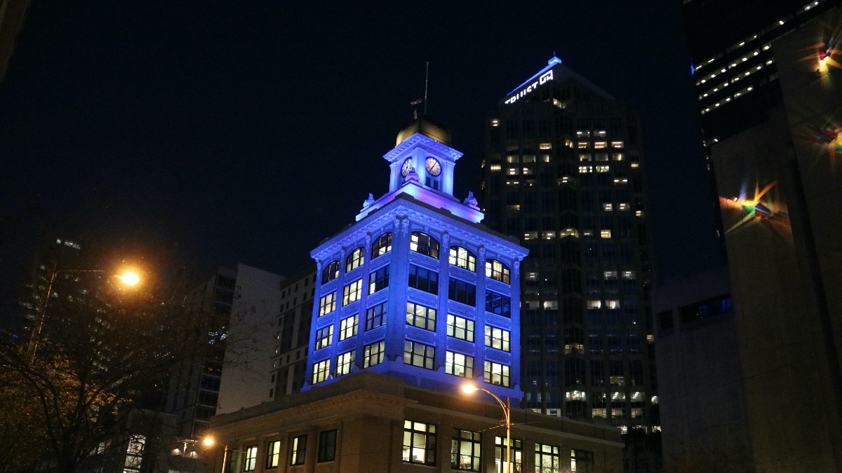 City Hall lit up in blue