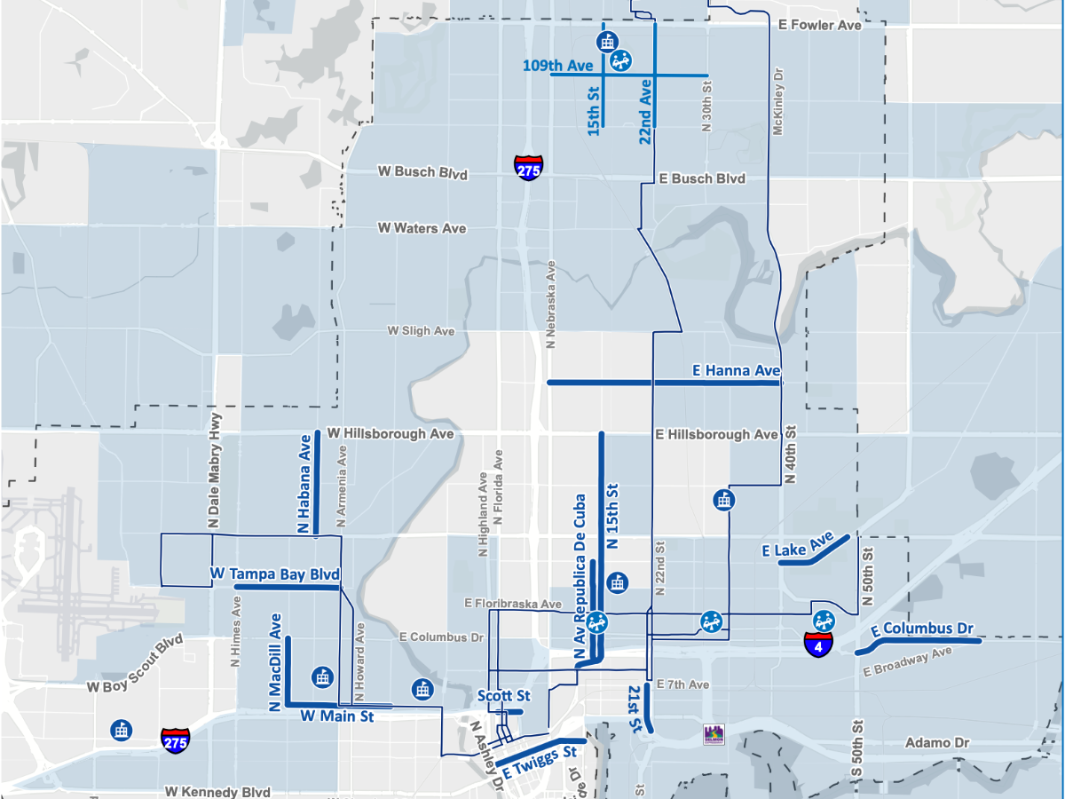 Tampa's High-Injury Network Corridors receiving safety improvements with grant funds include: N Habana Ave, W Main St, N MacDill Ave, W Tampa Bay Blvd, E Twiggs St. E Scott St. N Ave Republica de Cuba, N 15th St, N 21st St, E Hanna Ave, E Lake Ave, and E Columbus Dr.