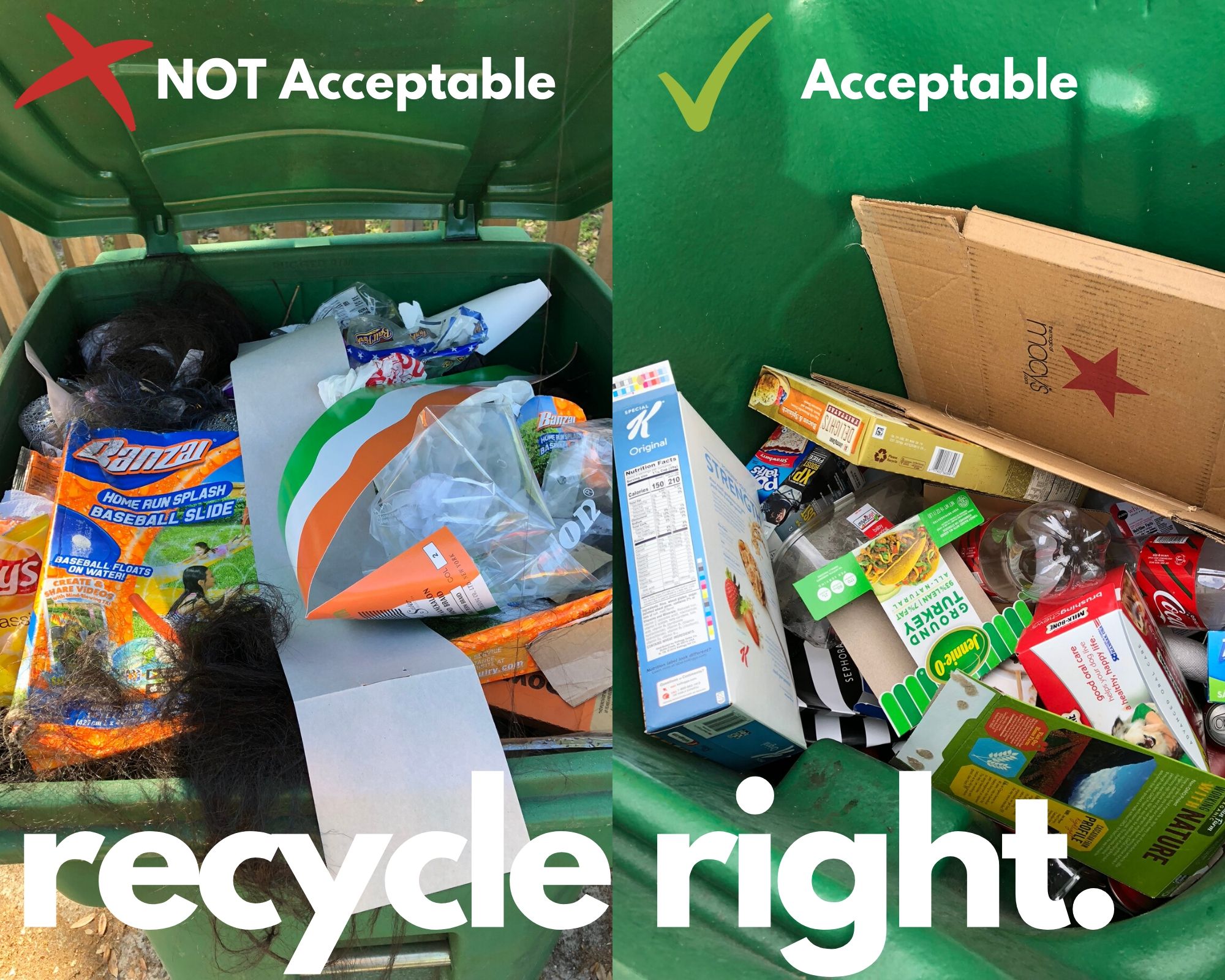 Comparing good and bag recycling: one cart has trash items and one has accepted  items.