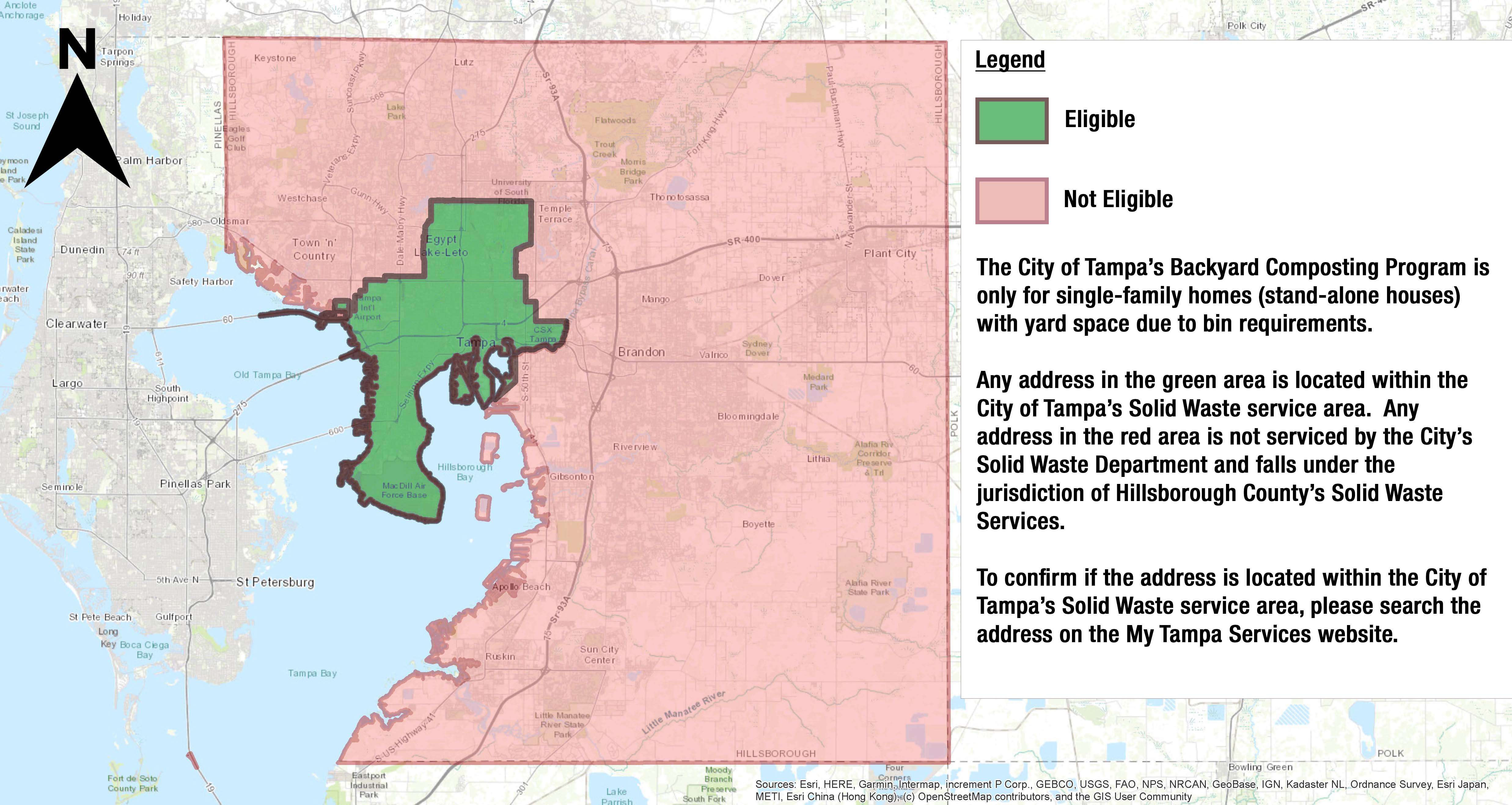 Map showing Tampa Solid Waste service area in green compared to Hillsborough County Service Area in pink