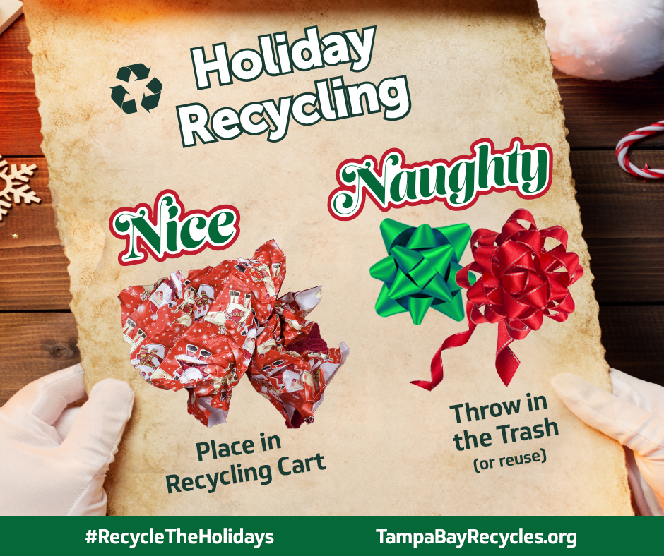 Holiday recycling graphic picturing recyclable cardboard and non-accepted plastic bags