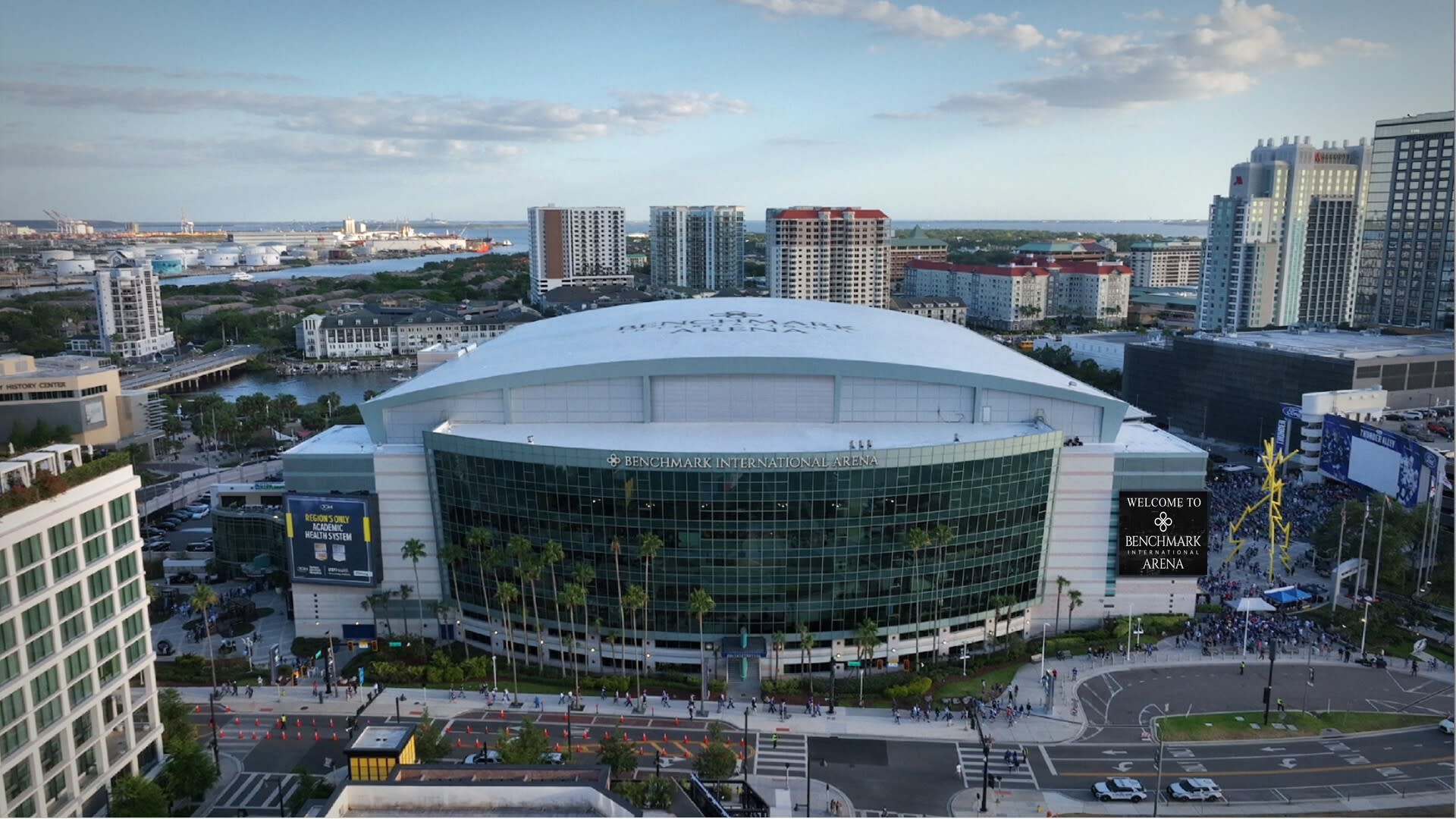 Aerial view of Benchmark International Arena.