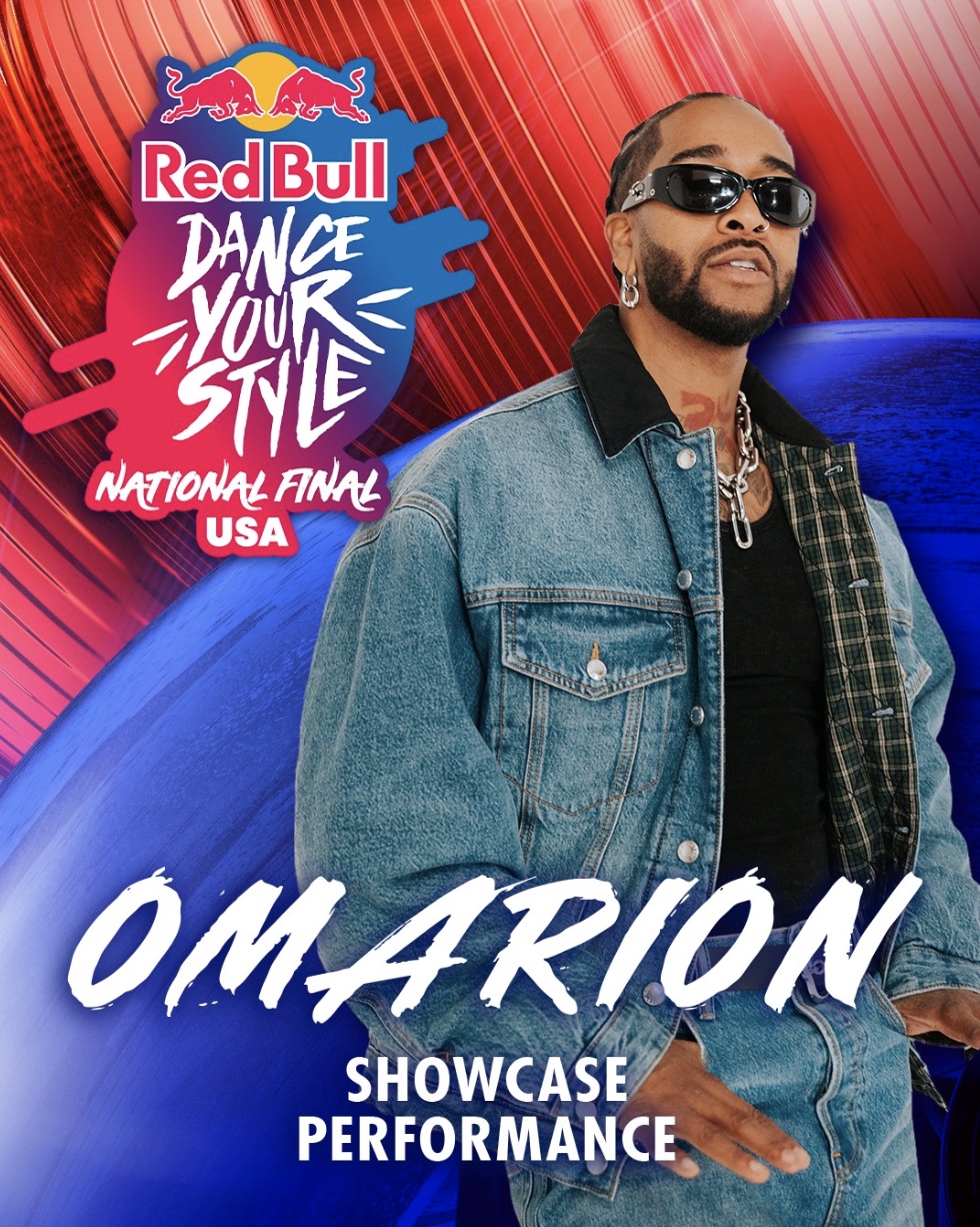 Poster style graphic showing artist wearing jean jacket and pants labeled Omarion, showcase performance, with Red Bull Dance Your Style National Final USA logo