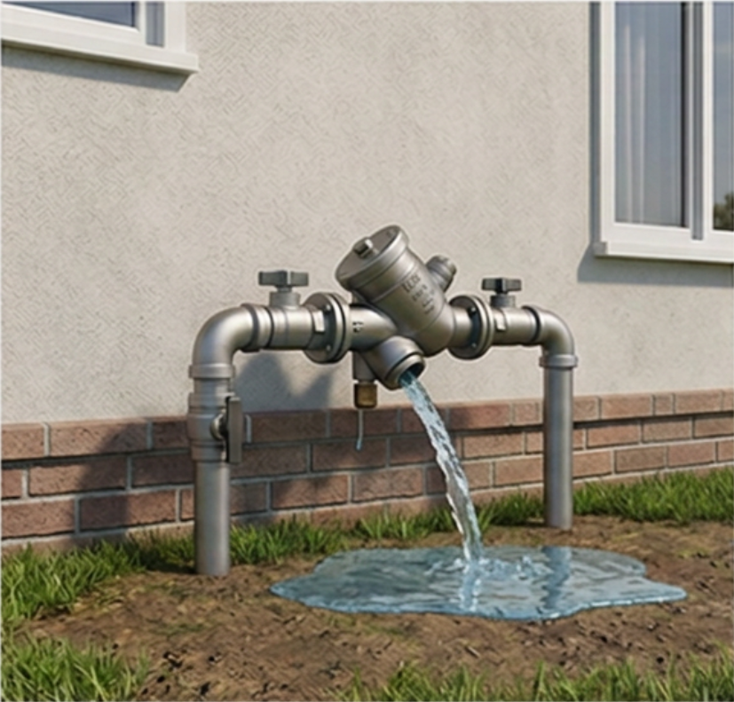 Outdoor backflow prevention device with water coming out of the relief valve.