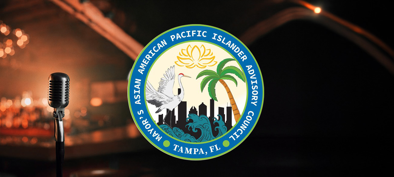 Microphone on stage with a logo of the Mayor's Asian American Pacific Islander Advisory Council - Tampa, FL