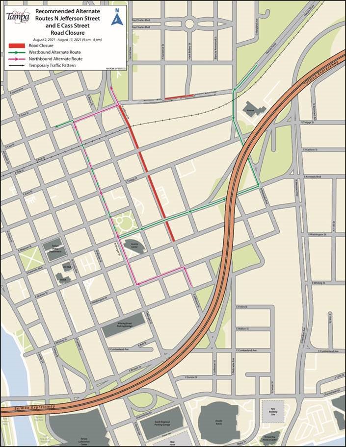 Temporary Lane Closures of N Jefferson Street and E Cass Street to begin August 2, 2021 for Utility Construction