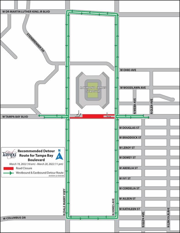 Temporary Road Closure of W Tampa Bay Boulevard to begin March 19, 2022 for Stadium Event 