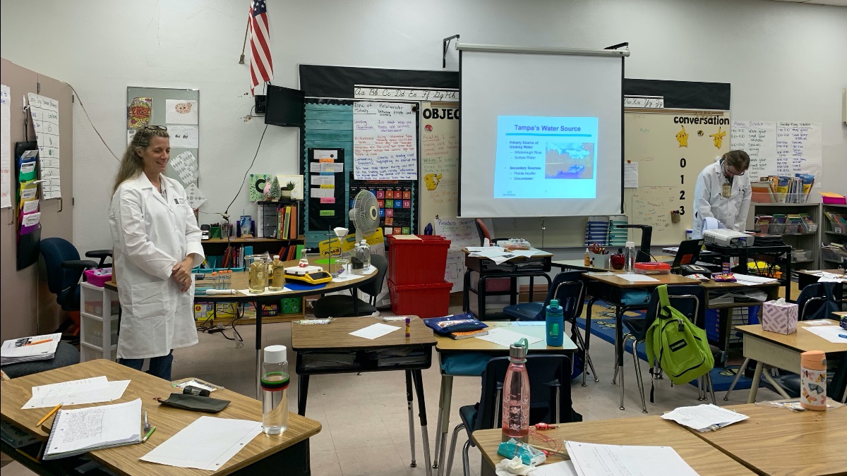 Water Quality Scientists from the Tampa Water Department speak with students for the 2021 Great American Teach-In.