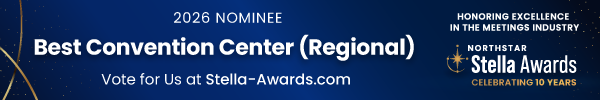 2026 nominee best convention center regional honoring excellence in the meetings industry northstar stella awards celebrating 10 years vote for us at stella-awards.com blue background with gold accents