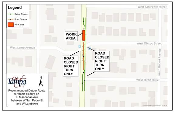 Partial closure on South Manhattan Avenue between W San Pedro Street and W Lamb Avenue begins September 8th for Utility Maintenance Work