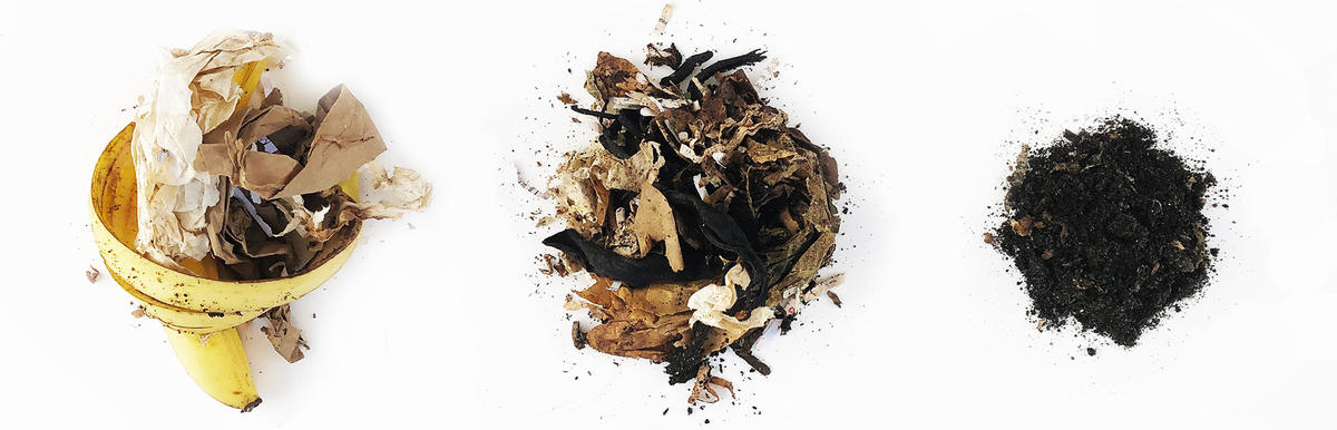 series of piles of decomposing food turning into finished compost