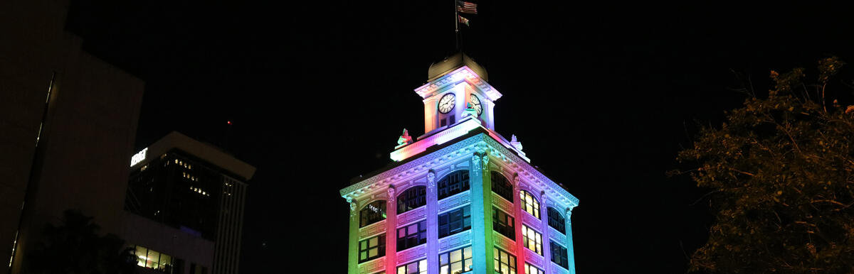 Old City Hall Lit Up with Lots of Colors