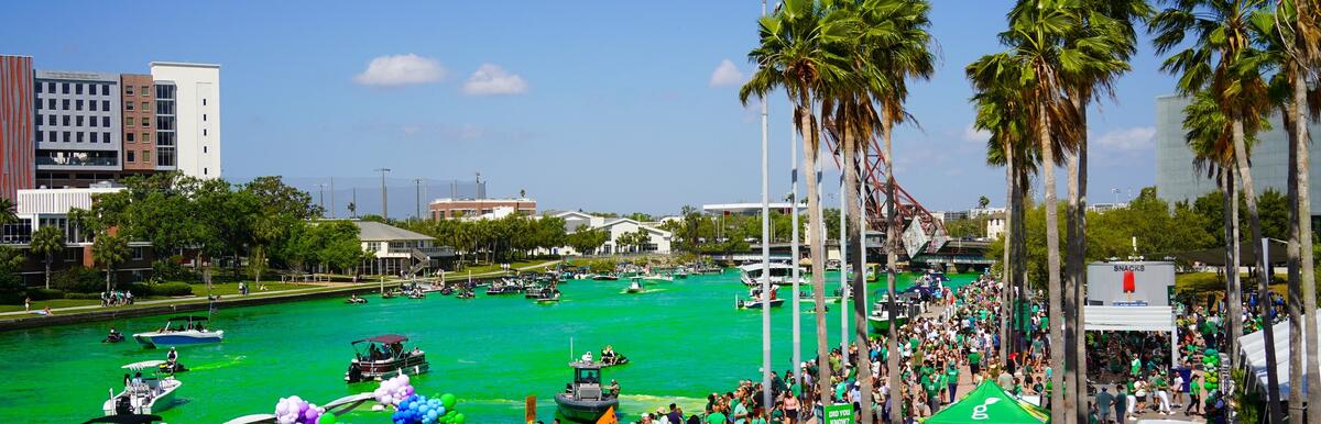 River dyed green for St. Patrick's Day, surrounded by crowds and palm trees.