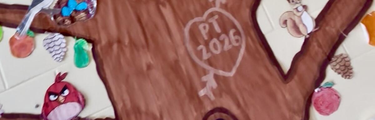 Painting of a tree trunk with "PT 2016" carved inside a heart and cartoon animals around it.
