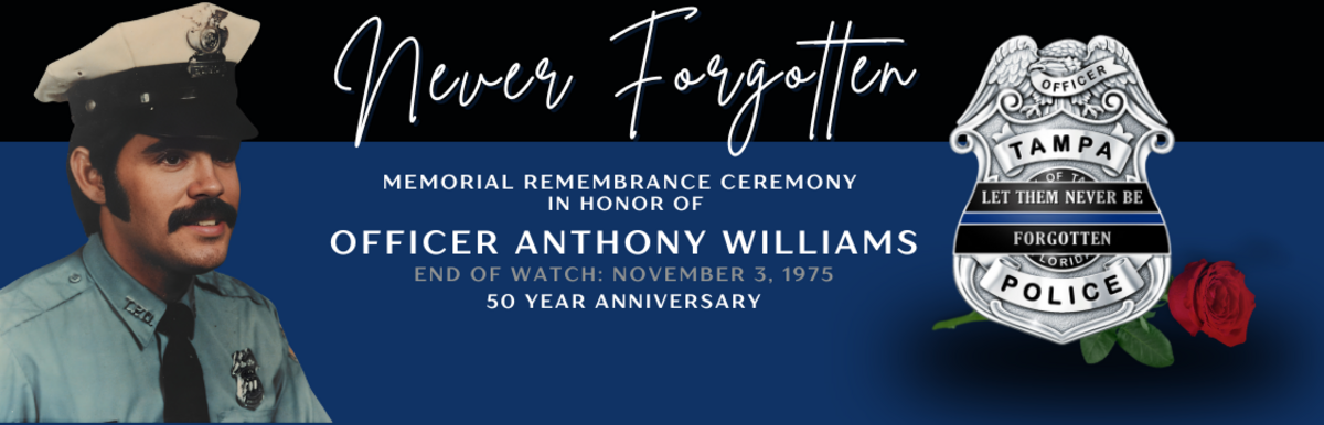 "Memorial banner for Officer Anthony Williams, End of Watch 50-year anniversary, with badge and rose."