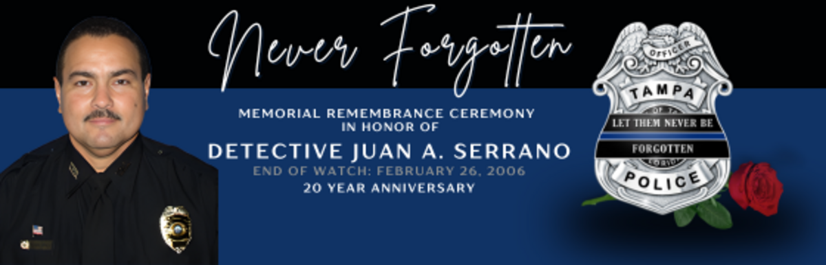 Memorial graphic for Detective Juan A. Serrano's 20th anniversary with a badge and rose.