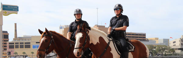 Two horse-mounted police officers at Tampa Convention Center waterfront