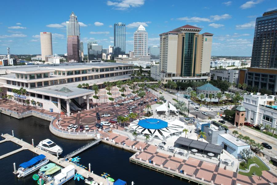 Aerial of Tampa Convention Center and marina
