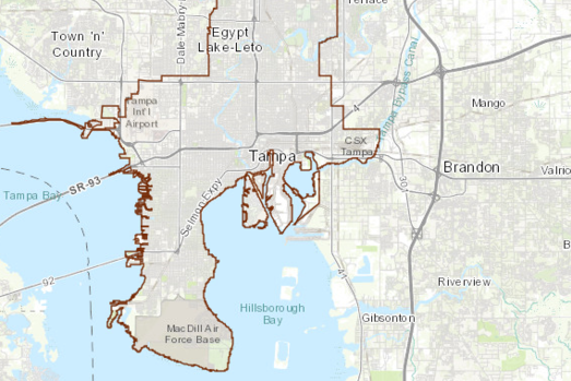 Map of the city limits of the City of Tampa.