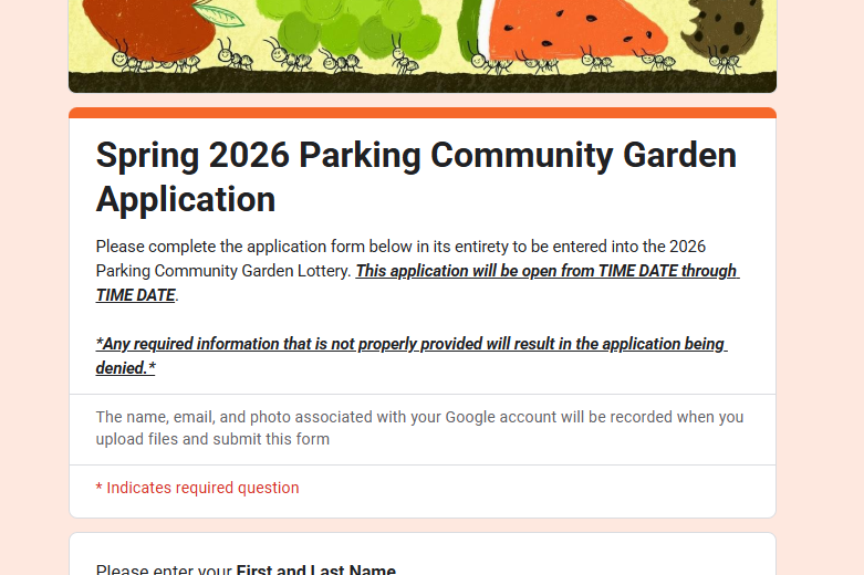 Spring 2026 Parking Community Garden online application form.