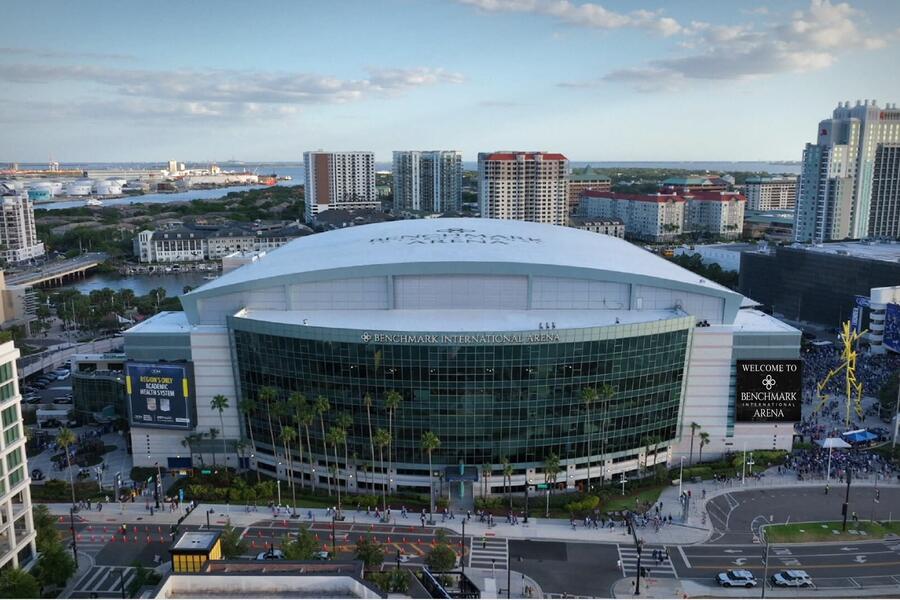 Aerial photo of Benchmark International Arena with the City of Tampa in the background