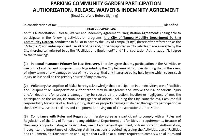 Parking community garden participant waiver form, dated 2025-10-17, with indemnity and waiver details.
