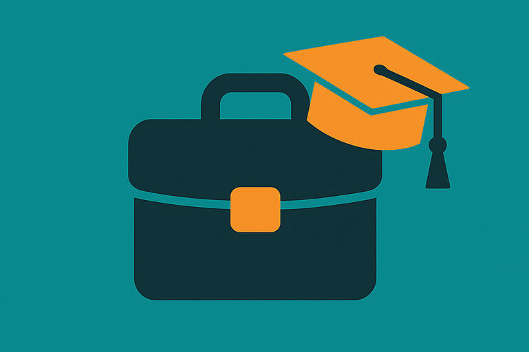 Briefcase with a graduation cap on a teal background.
