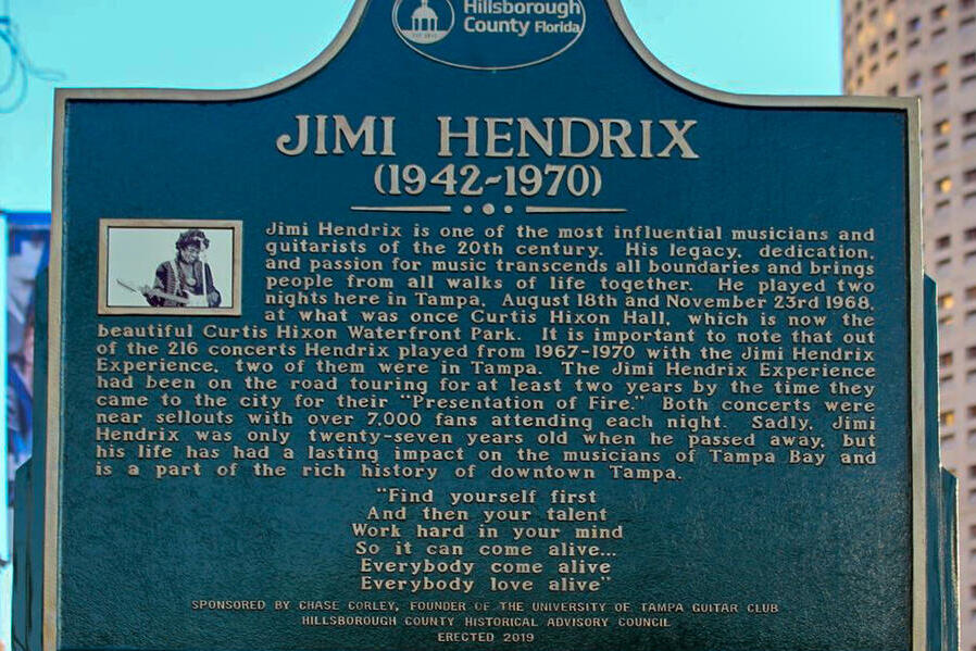 Jimi Hendrix historical plaque detailing his career and significance.