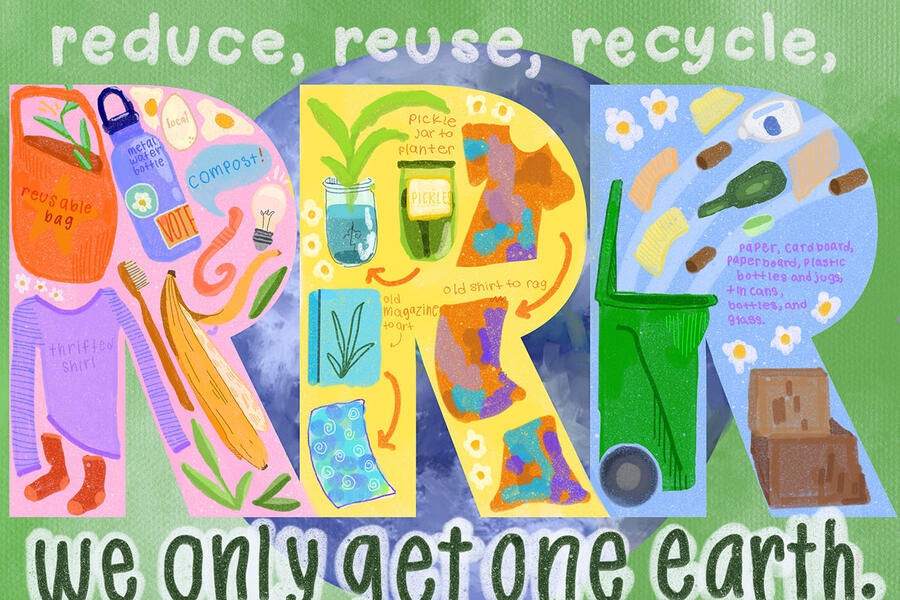 Reduce, reuse, recycle graphic with eco-friendly illustrations on a green background.