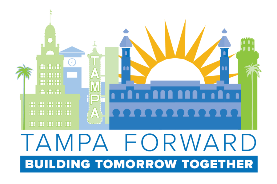 Tampa Forward logo with skyline, sun, and text "Building Tomorrow Together."