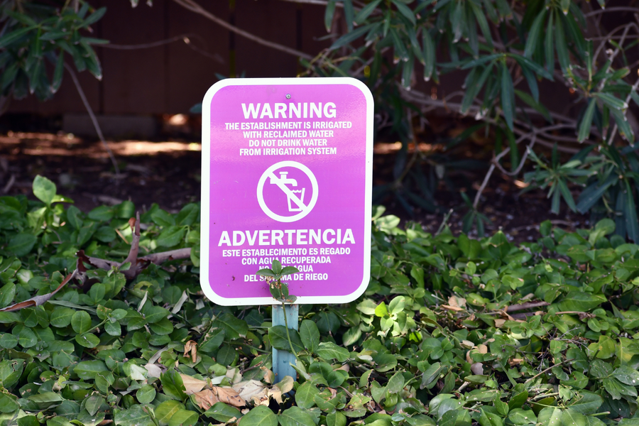 Purple sign in greenery warns against drinking reclaimed water.