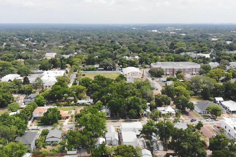 Aerial view of a suburban neighborhood with trees and houses, related to planning and development.