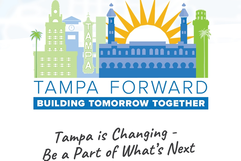 Tampa Forward logo with skyline, sun, and text: "Building Tomorrow Together."