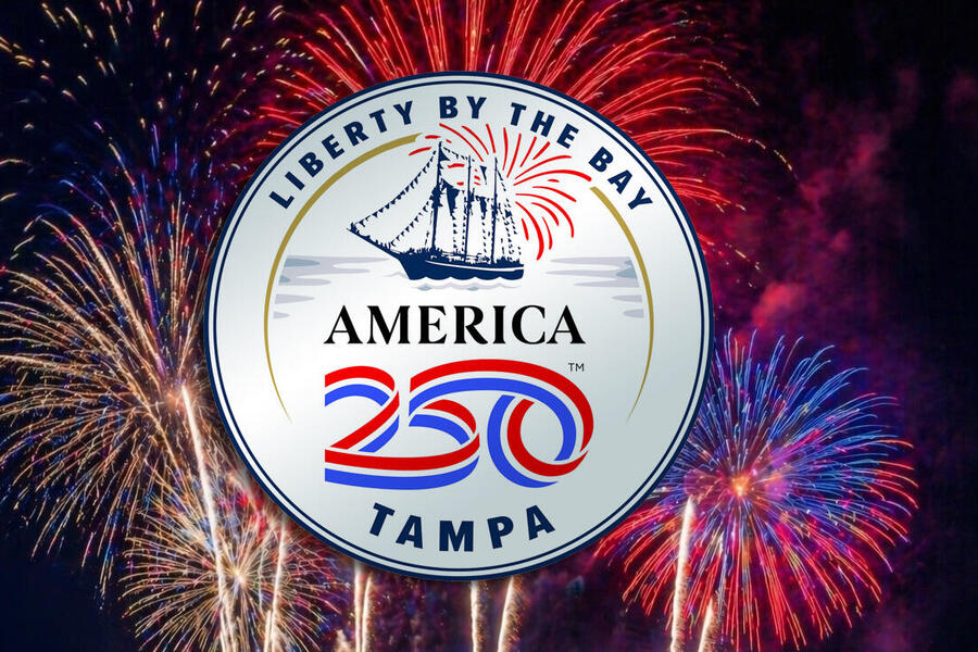 Liberty by the Bay America 250 Tampa logo with fireworks in the background.