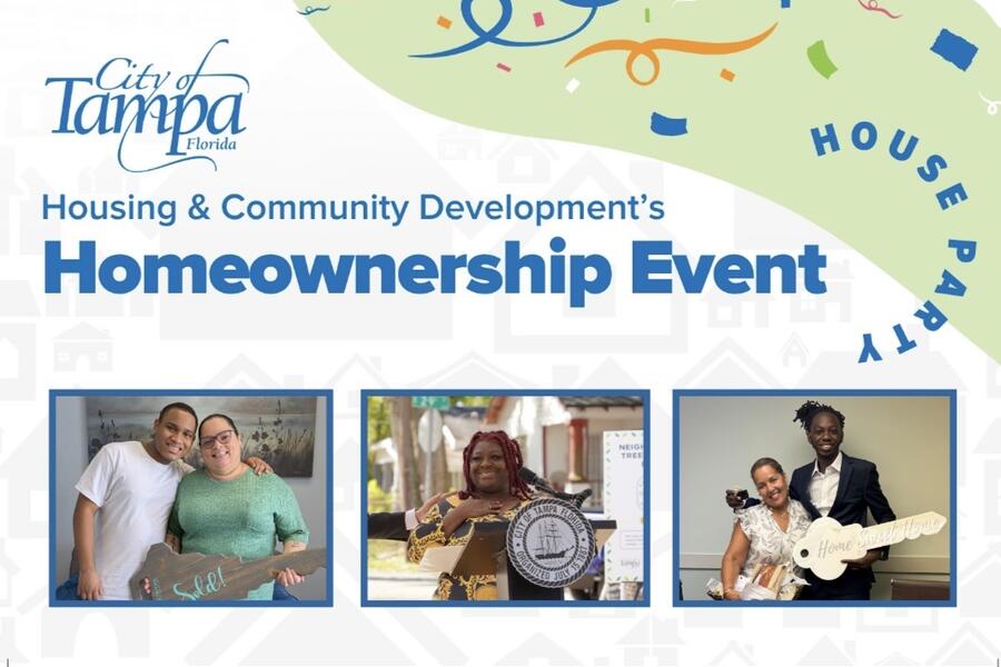 Homeownership event flyer with photos of smiling new homeowners and festive graphics.
