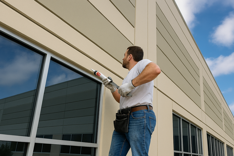 Man in work clothes caulking windows on a modern commercial building exterior.