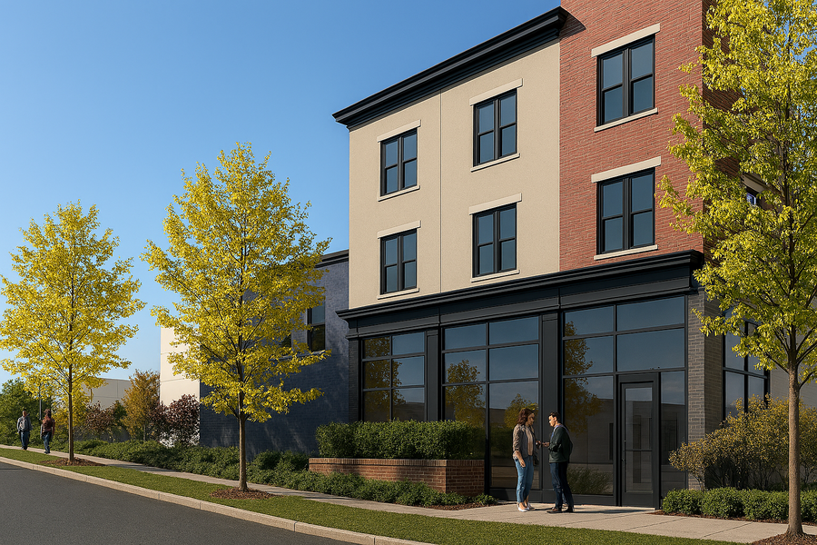 Modern designer-style apartment building with large windows and people talking outside.