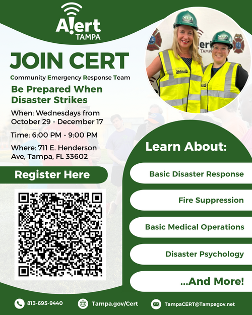 Join CERT flyer with registration details, QR code, and topics like disaster response. Green theme.