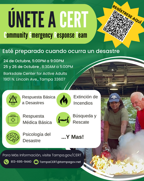 Join CERT Spanish flyer: Training on basic emergency response, disaster prep on October 24-26.