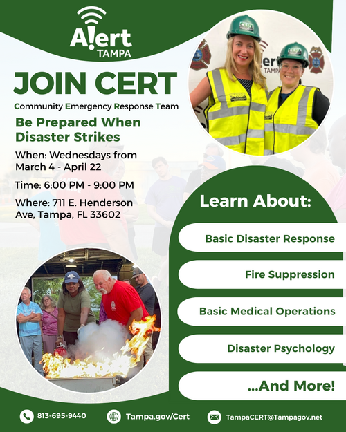 Join CERT flyer for Spring 2026; classes on disaster response, fire suppression, and more.