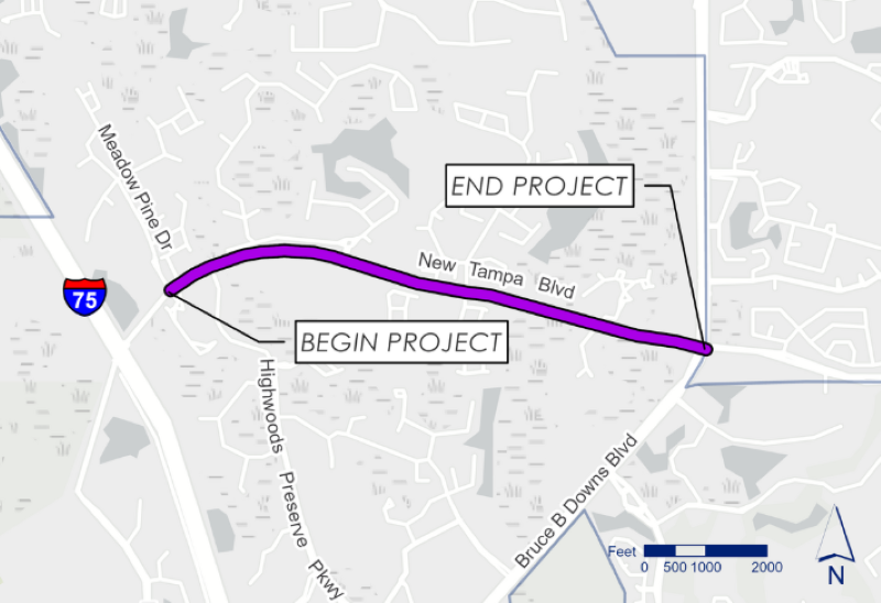 Map showing a highlighted road section for a project on New Tampa Blvd near I-75.