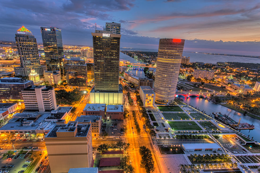 Tall buildings at dusk in downtown Tampa