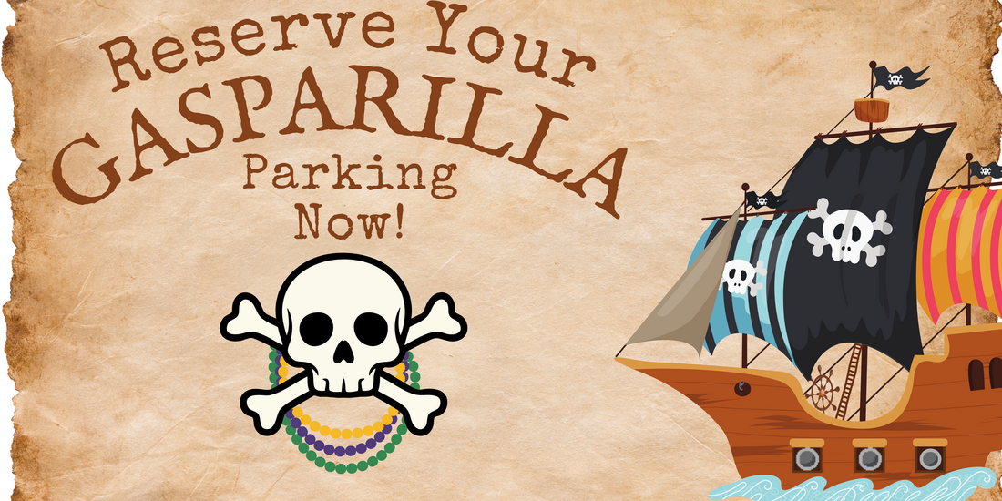 Reserve Gasparilla parking banner with pirate ship and skull.