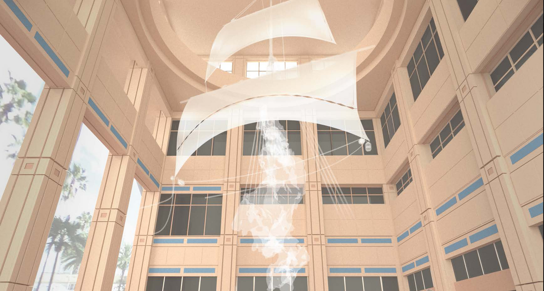 Large white sail sculpture hanging in a sunlit atrium with tall windows.