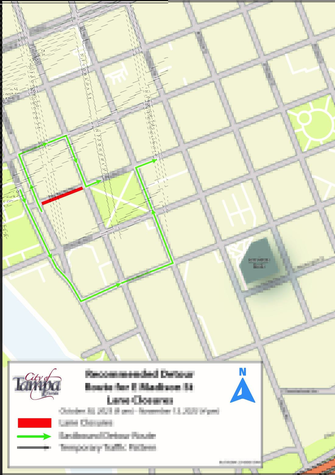 Traffic Advisory: Temporary E Madison St & N Tampa St Eastbound and Westbound Lane Closures to begin October 30, 2023 for Building Construction